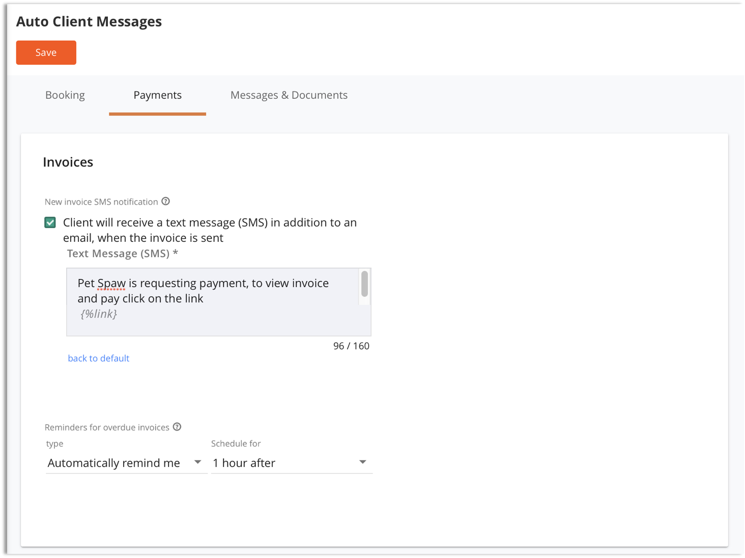 The Invoices section of the Payments tab.
