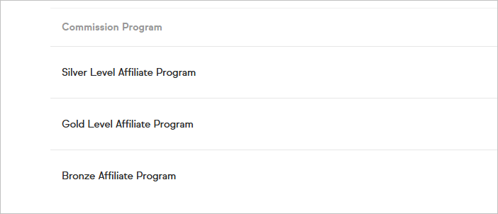 The Commission Programs page showing a list of existing commission programs in a table. An Add a commission program button is visible at the top of the page.