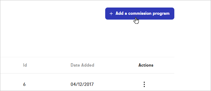 The Add a commission program page showing a single input field for the commission program name and a Next button below the field.