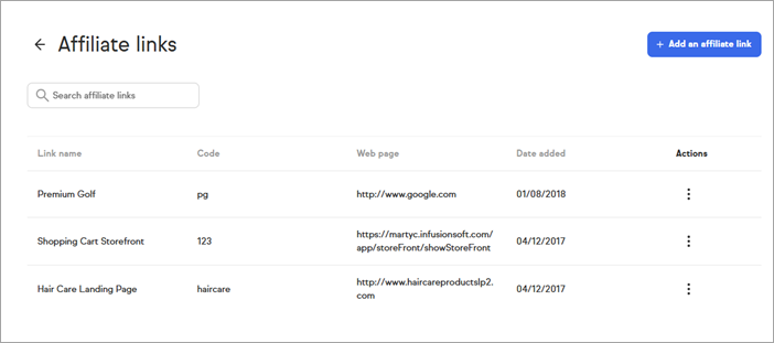 The Create affiliate link form showing fields for the link name, destination URL, and association settings.