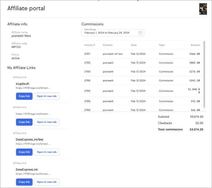 The Affiliate portal tab on an individual affiliate record showing the affiliate portal URL and a copy link button. The portal URL is displayed in a text field with a button to copy it to the clipboard.