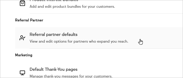 The Referral Partner Defaults settings page showing three setting options: How to choose Referral Partner, Referral Partner tracking method, and Use IP address. Each setting has a description and a configuration control.