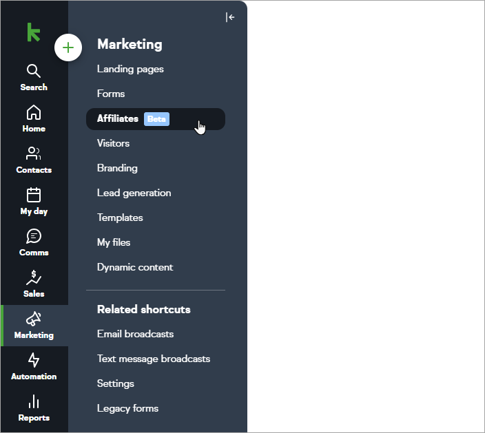 The left-hand navigation showing the Marketing section expanded. The Affiliates option is listed under Marketing and is highlighted.