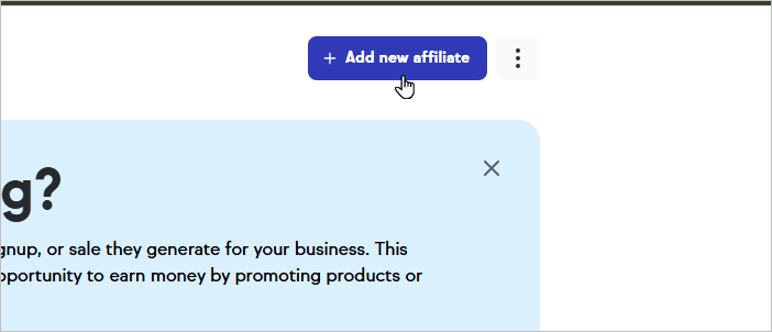 The Add a new affiliate form showing input fields for the affiliate name, associated contact record, affiliate code, and a status toggle set to Active.