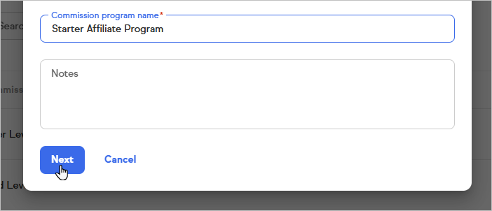 The commission program name field filled in with a program name. The Next button is highlighted.