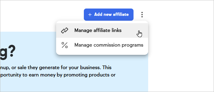 The Affiliate Links page showing a list of existing affiliate links in a table. Each row shows the link name, the associated URL, and the affiliates or commission programs the link is assigned to.