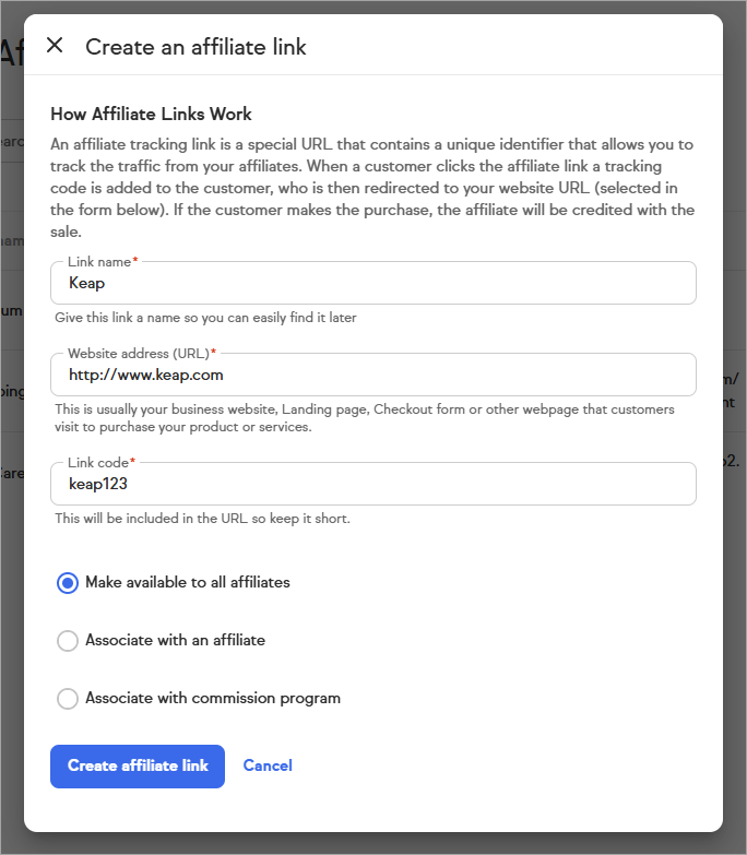 The Create affiliate link form showing the full set of fields including link name, destination URL, and the three association options: All affiliates, A particular affiliate, and A commission program. The commission program option is selected.