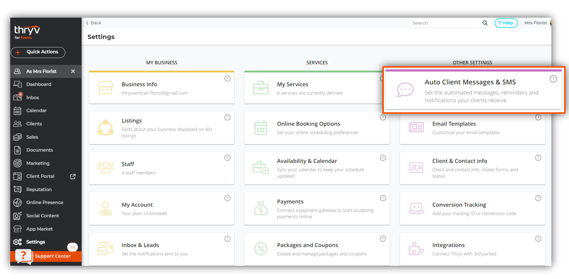The Settings menu with the Auto Client Messages and SMS option selected.