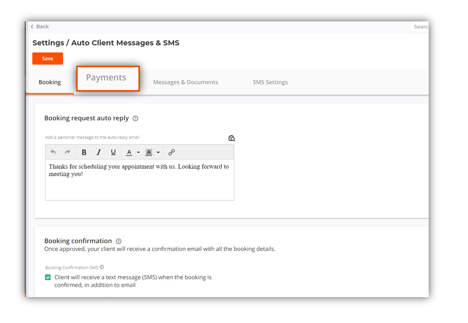 The Auto Client Messages and SMS screen with the Payments option selected.