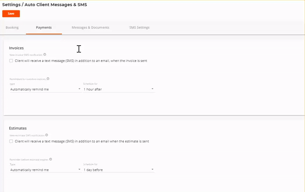 An animated demonstration of selecting the recipient and timing dropdowns for an invoice reminder.