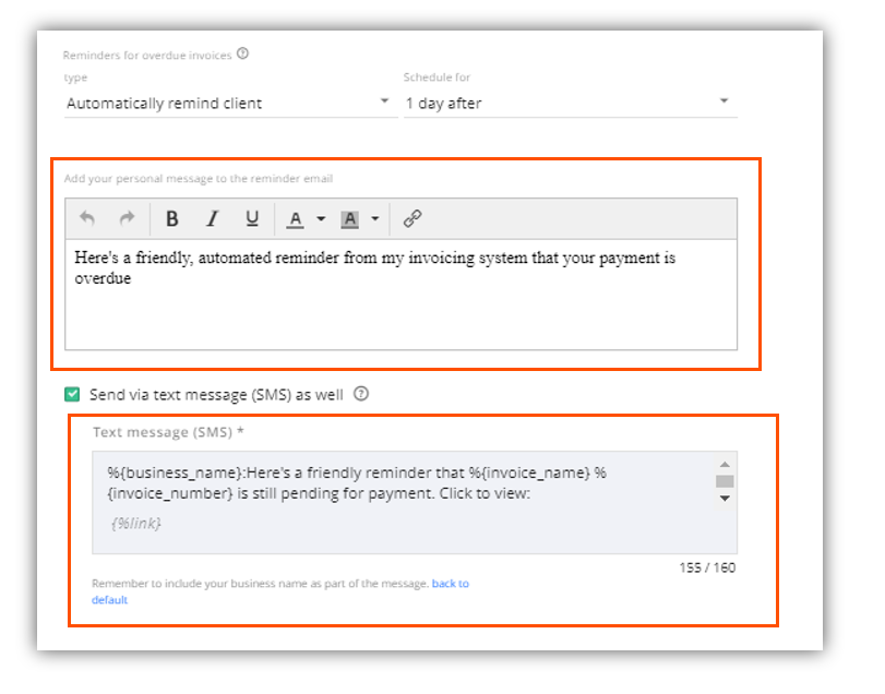 The Text Box editor for customizing the invoice reminder message content.