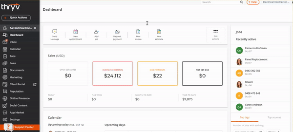 An animated screenshot showing the navigation path from Settings to Payments in Thryv Business Center.
