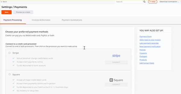 An animated screenshot showing the navigation from the Payments settings page to the Invoices and Estimates section and scrolling to the Invoice Terms and Conditions section.