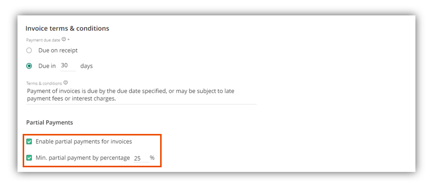 The Invoice Terms and Conditions section showing the Enable Partial Payments for Invoices checkbox.