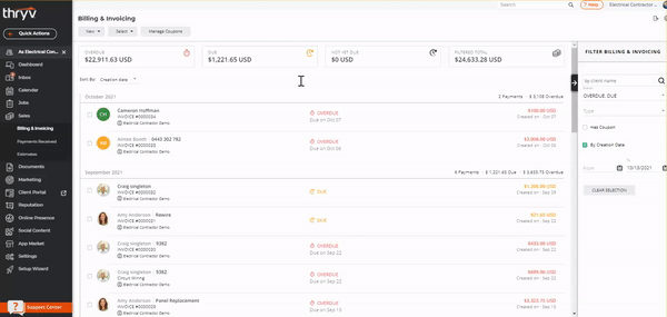 An animated screenshot showing how to navigate to a specific invoice in Thryv Business Center from the Bookings and Invoices section.