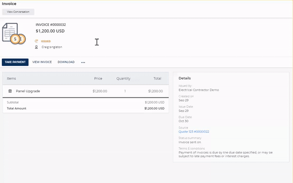 An animated screenshot showing the Payment Amount field on the Take Payment screen with the full invoice amount being replaced by a smaller partial payment amount.