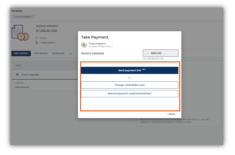The Take Payment screen showing the payment method options including Send Payment Link, Charge Card, and Record Cash or Check, with the partial payment amount entered in the Payment Amount field.