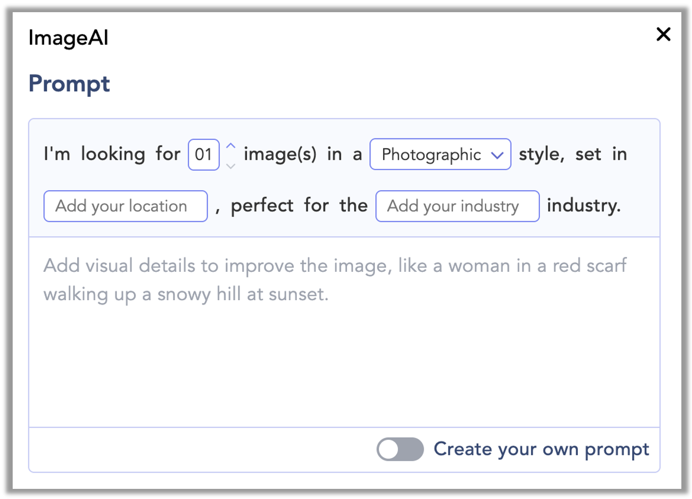 A screenshot of the ImageAI Default Prompt, which reads "I'm looking for [number] image(s) in a [style] set in [location], perfect for [industry]