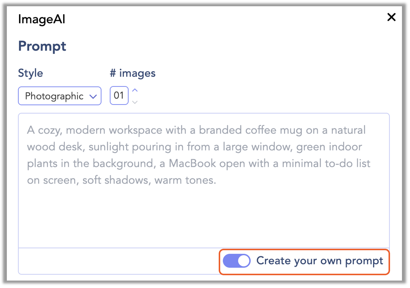 the ImageAI prompt field with the Create Your Own Prompt button switched to On and highlighted