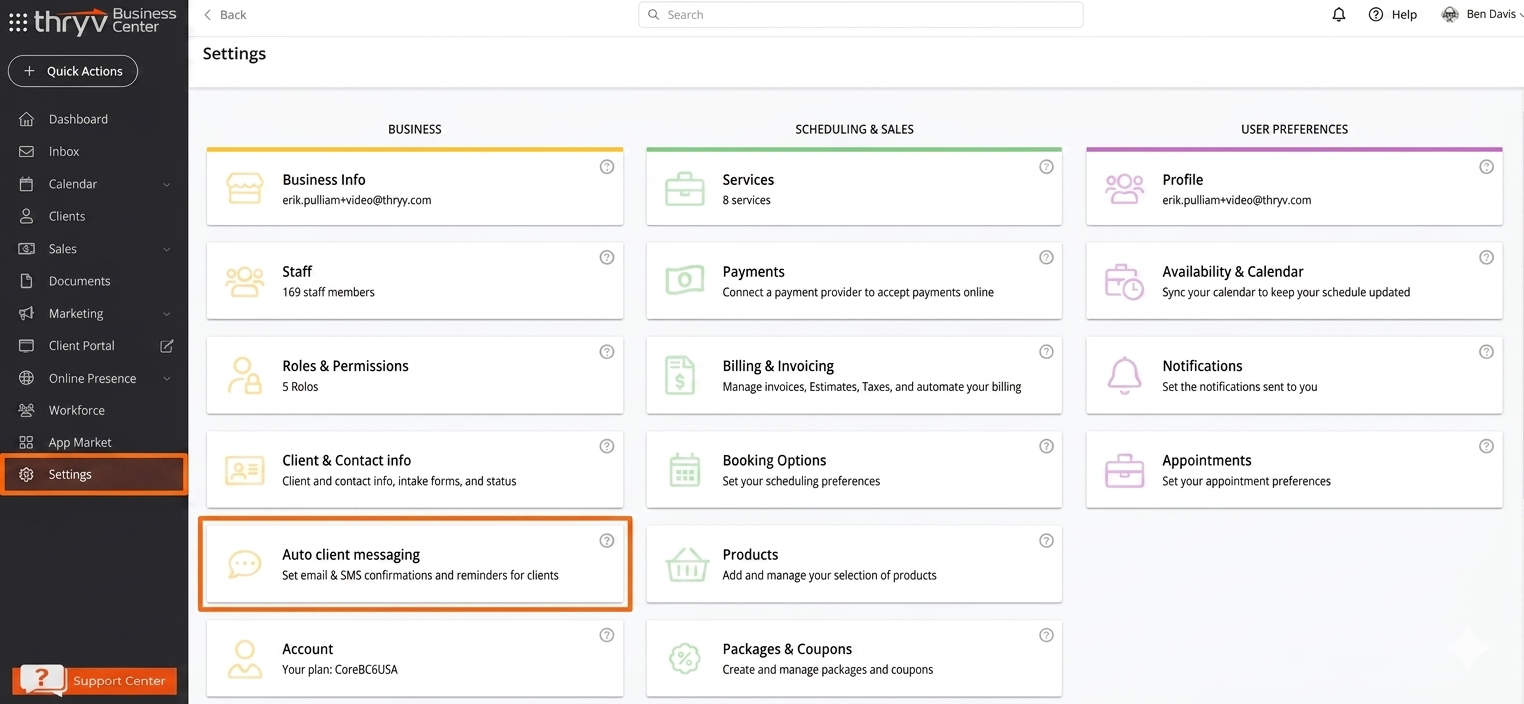 The Settings page in Thryv Business Center with Auto client messaging highlighted.