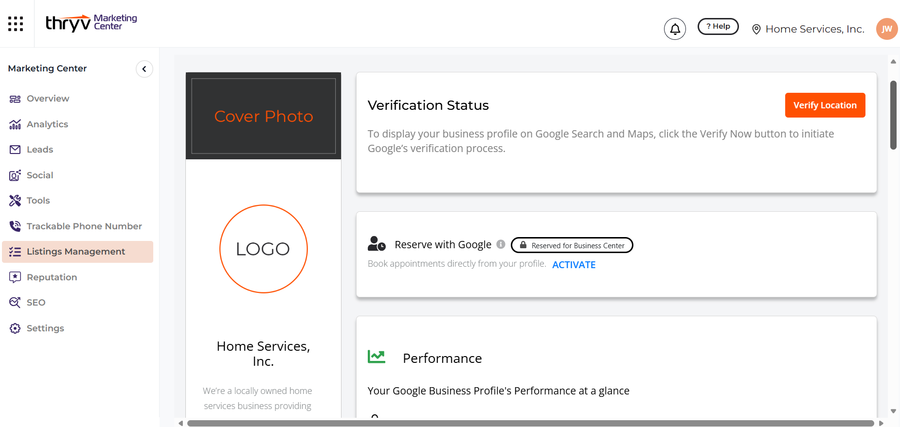 The Google Profile section showing Cover Photo and Logo upload areas.