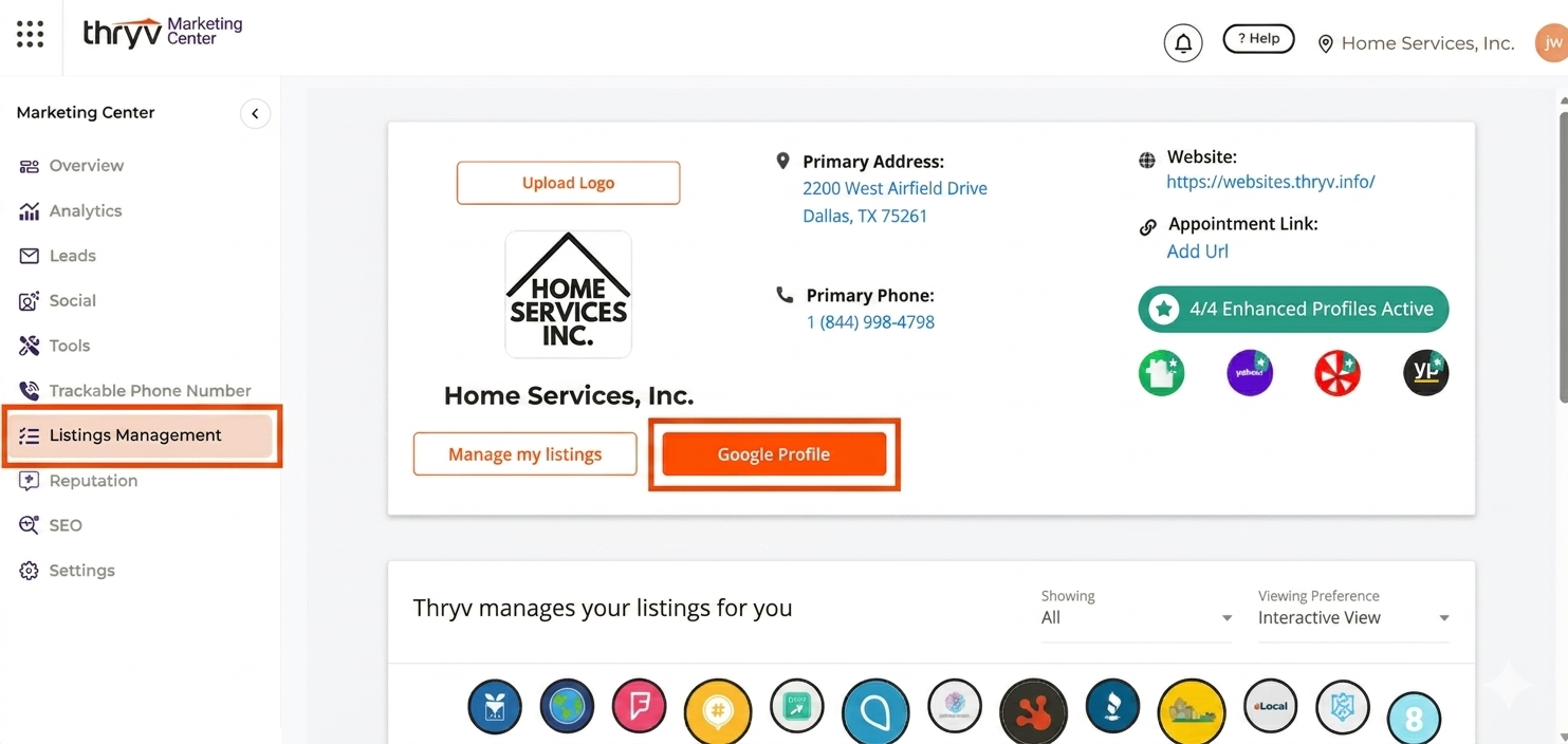The Listings Management page in Thryv Marketing Center showing the Google Profile button.