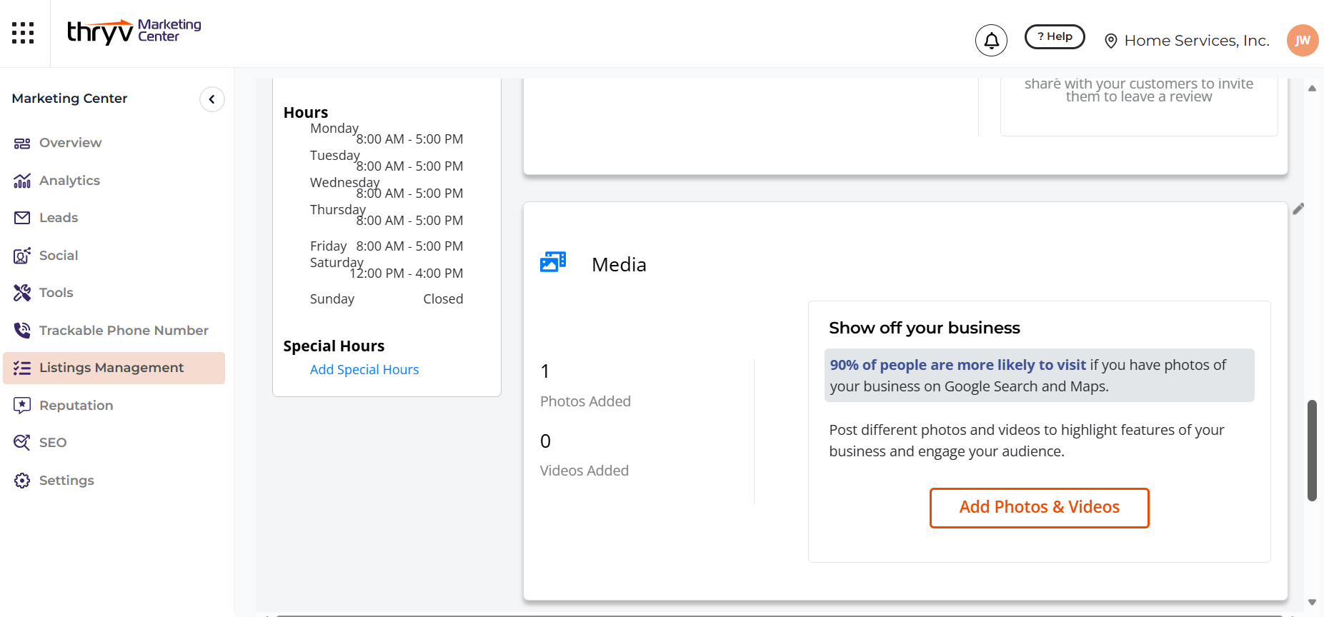 The Media section of the Google Profile showing the Add Photos and Videos button.