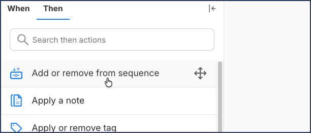 The automation canvas displays the Add to sequence step being dragged from the step menu and placed onto the canvas as a process step in the automation.
