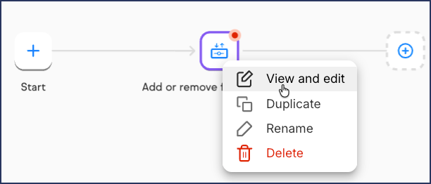 The Add to sequence step displays the Add or remove from sequence icon selected, with a dropdown showing the View and edit option highlighted.