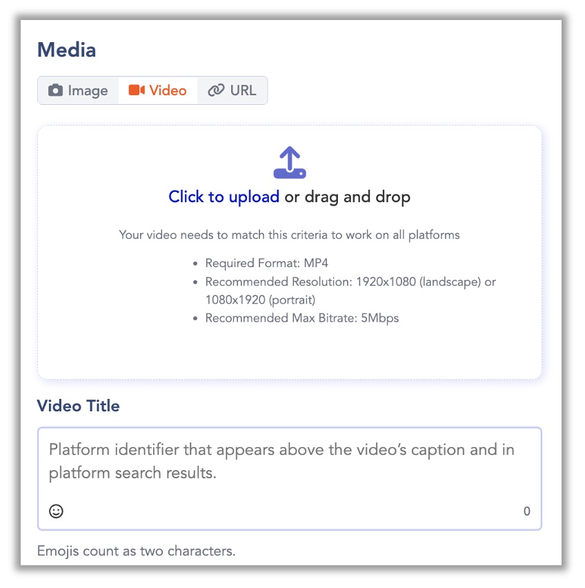 The video upload panel in the post creation window showing a file upload area and a Video Title input field below it.