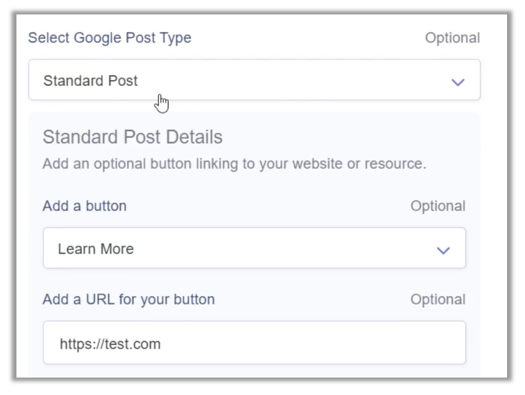 The Google Business Profile post options panel in the post creation window showing the post type selector with Standard Post, Event Post, and Offer Post options, and the Add a Button dropdown with call-to-action button options and a URL field below.