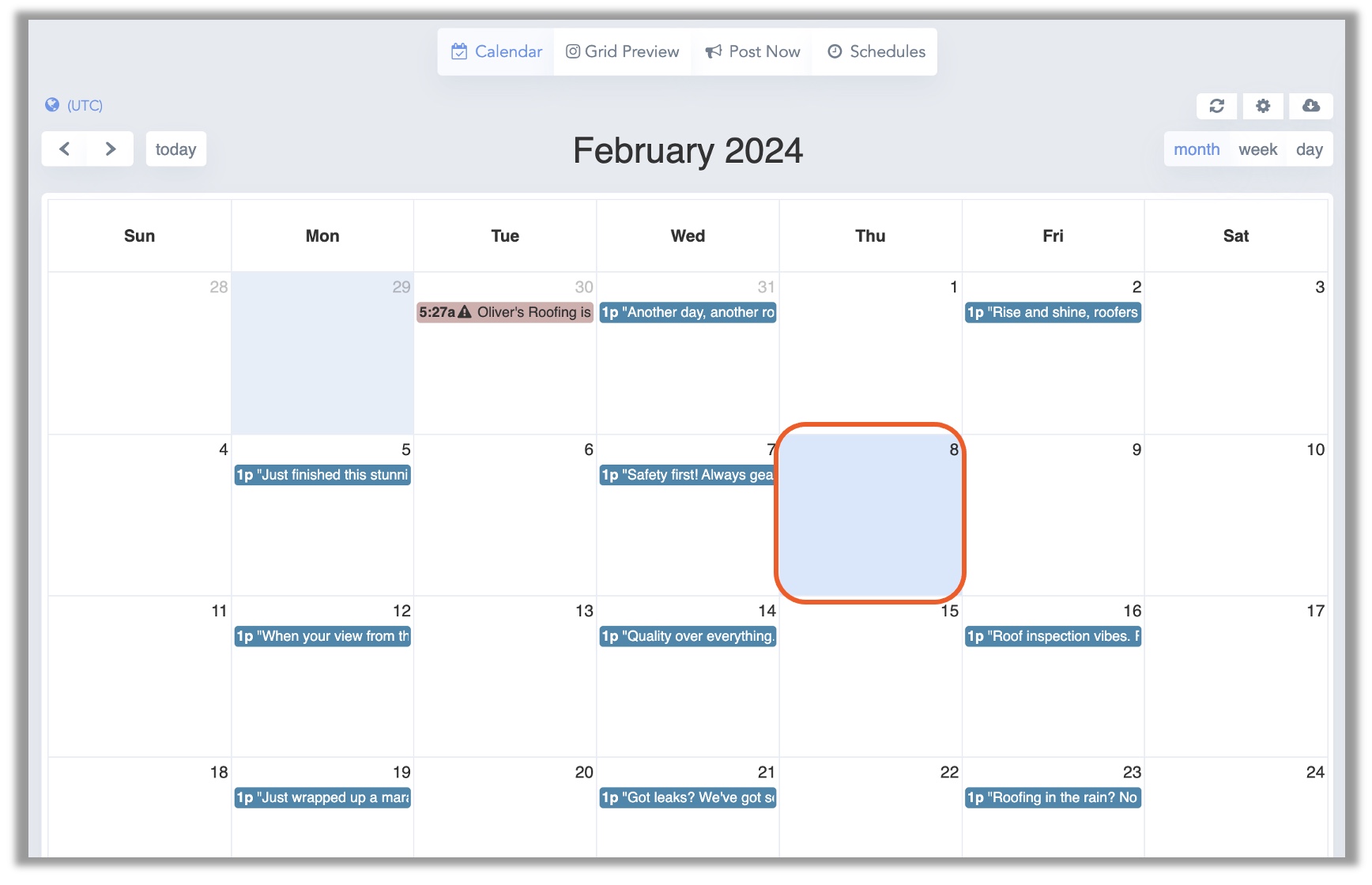 The Social Calendar screen in Thryv showing a monthly calendar view where individual dates can be clicked to schedule a post for that date.