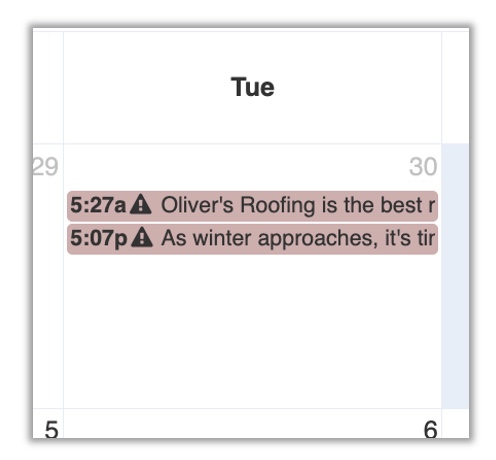 A failed post displayed on the Social Calendar in Thryv, shown highlighted in red with an error icon indicating the post did not publish successfully.