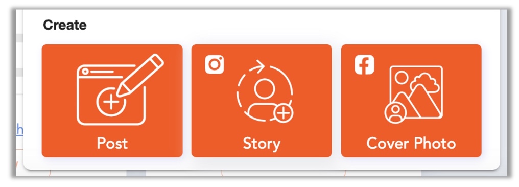 The content type selection popup in the lower right corner of the Social Calendar screen showing three options: Post, Story, and Cover Photo.