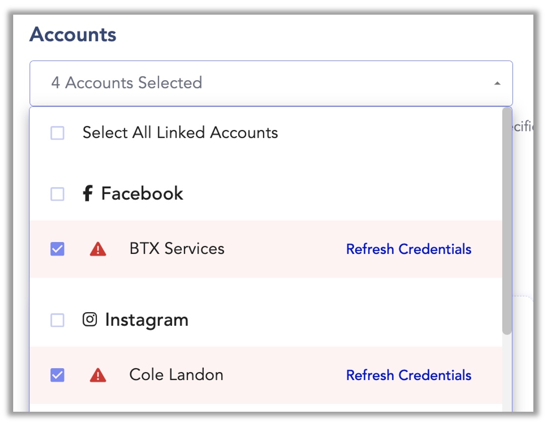 The social account selector in the post creation window showing a list of connected social media accounts with checkboxes next to each account name.