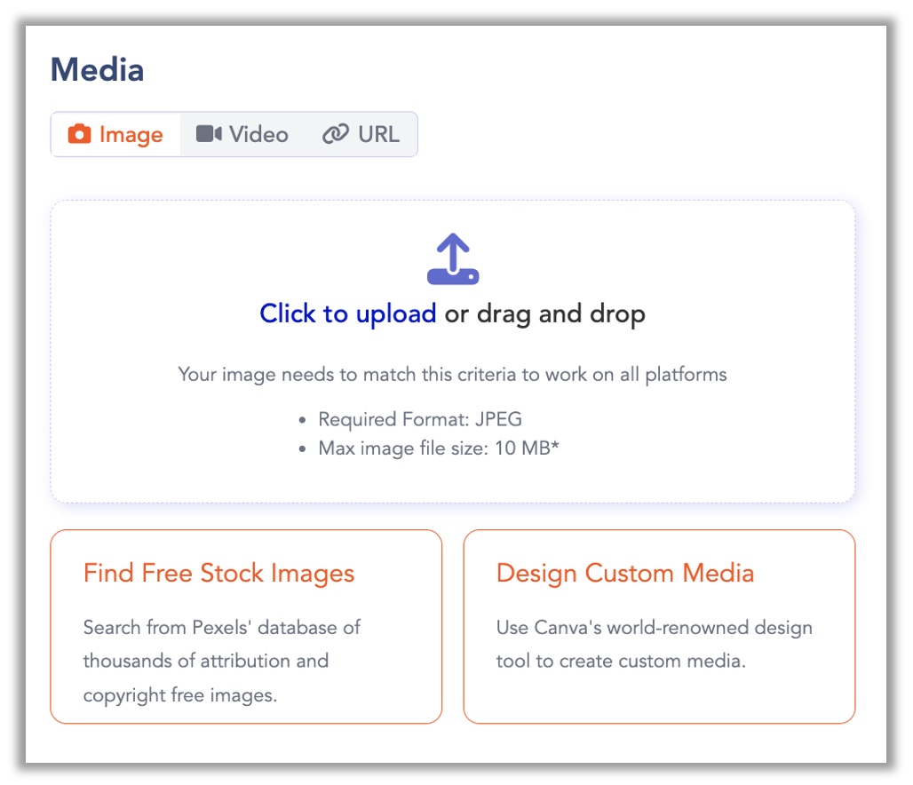 The image upload options panel in the post creation window showing three options: Upload from Device, Browse Stock Photos, and Create with Canva.