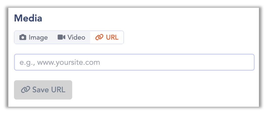 The URL input window in the post creation window showing a text field where a link can be pasted and a Save button.