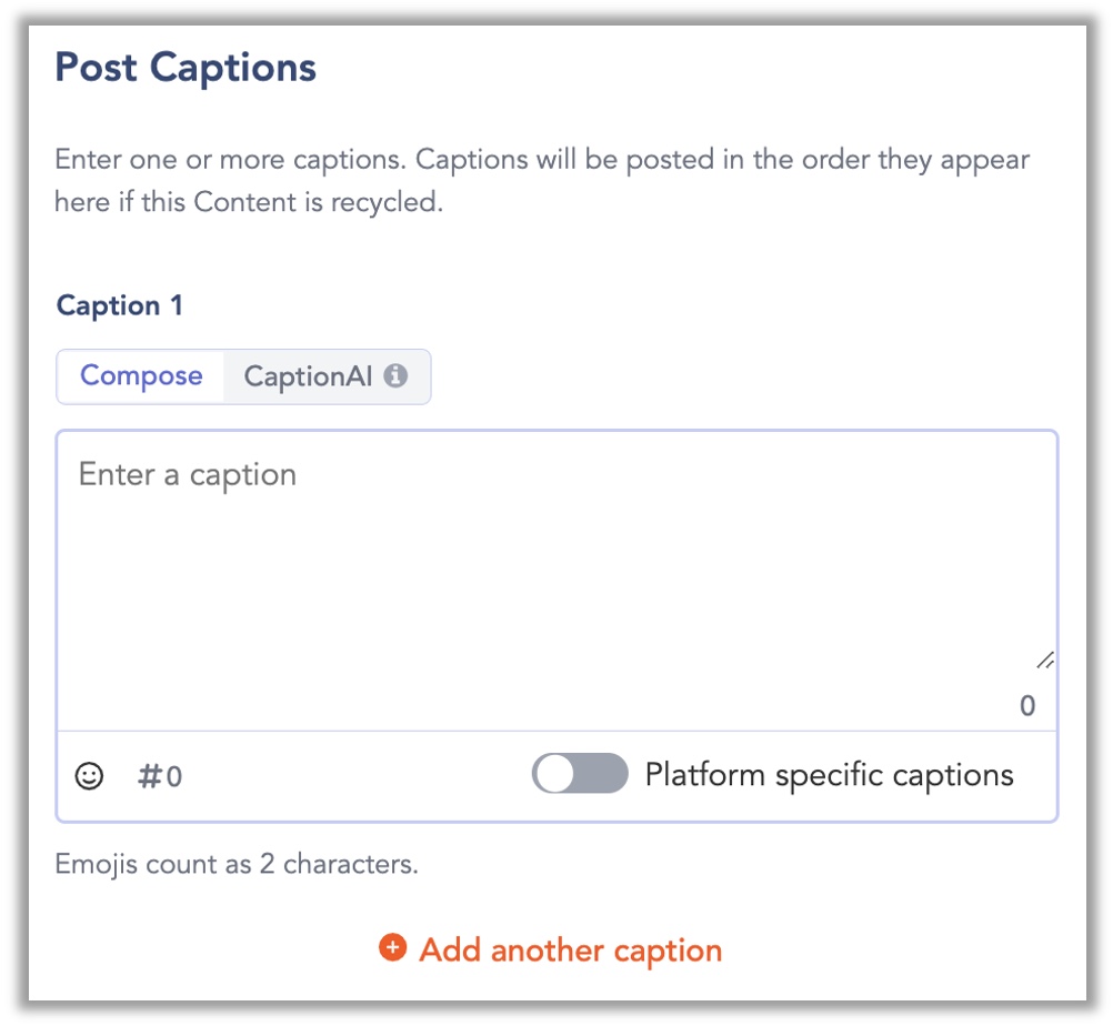 The caption section of the post creation window showing the caption text input field, an emoji icon below the field, navigation arrows for cycling between multiple saved captions, and a CaptionAI button.
