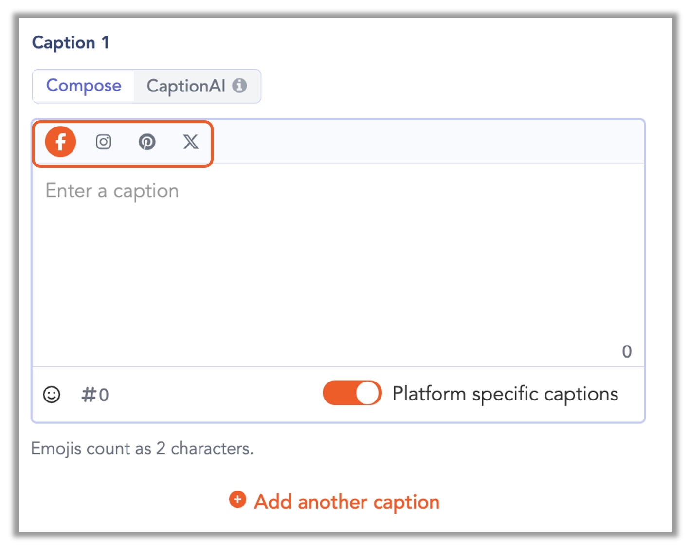 The Platform Specific Captions toggle in the post creation window shown in the on position, with individual caption fields displayed below for each selected platform.