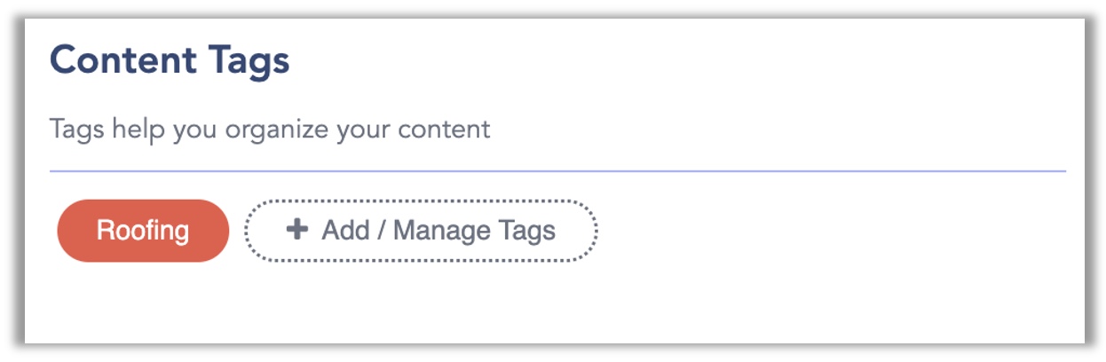 The Content Tags section of the post creation window showing a tag input field where internal content tags can be added to organize the post in the content library.