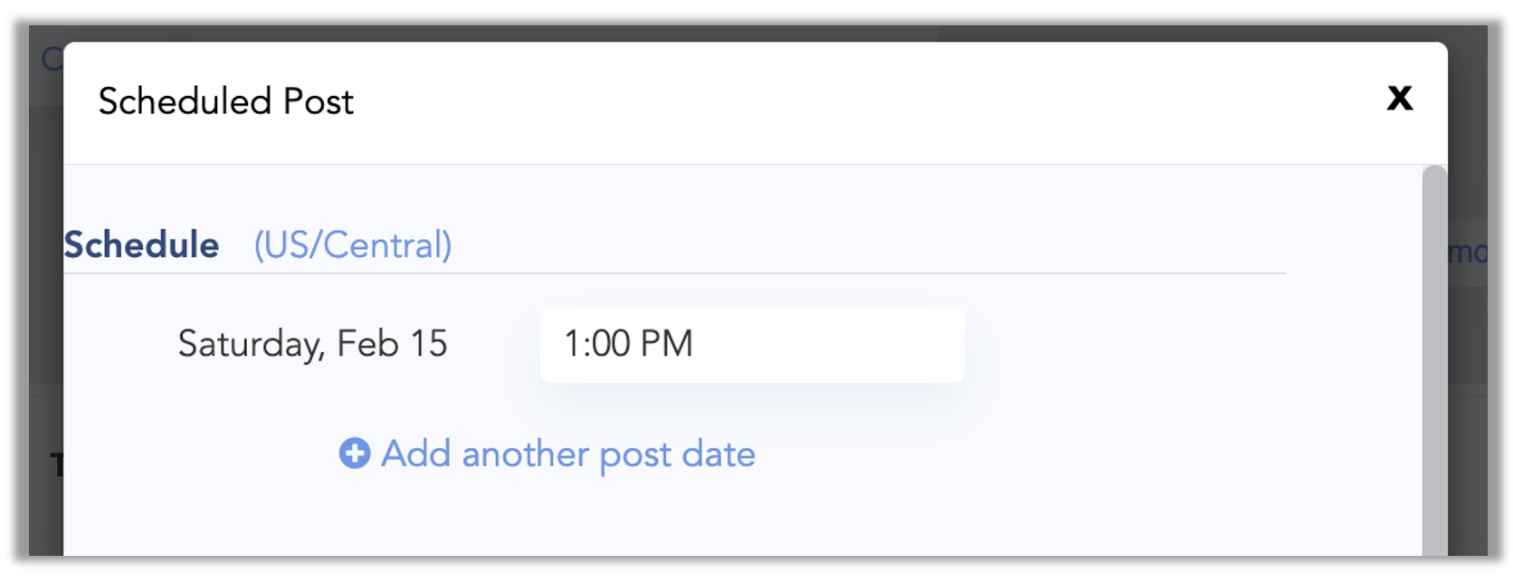 The scheduling section of the post creation window showing a time selector and an Add Another Post Date button for scheduling the same post at multiple future dates and times.