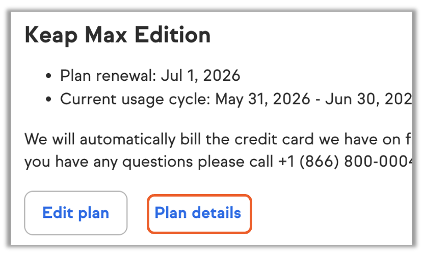 My Account page showing account information including the current plan name, billing cycle, and next invoice date. A Plan Details section is visible with a Plan Details link or button to click.