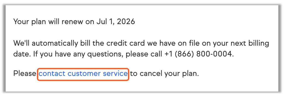 Plan Details page showing the current subscription details and a Contact Customer Service button at the bottom of the page.