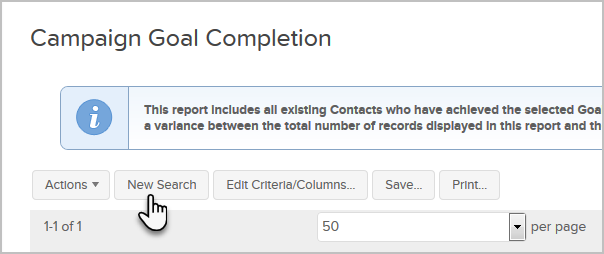 The Campaign Goal Completion report in Keap showing the New Search button used to open the search filter panel where report results can be narrowed by campaign, goal, or other criteria.