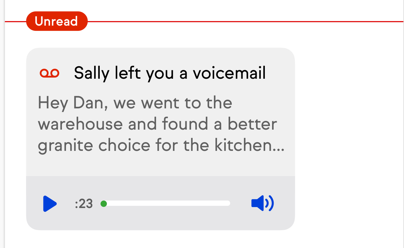 Voicemail message screen in the Keap mobile app showing a voicemail from a contact. The Play icon and Speaker icon are visible below the contact name. A text transcription of the voicemail message is displayed below the playback controls.
