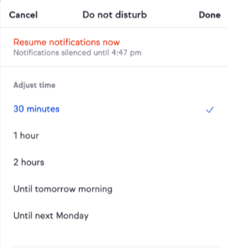 Do Not Disturb settings screen in the Keap app showing the current Do Not Disturb status as active. A Resume notifications now button is displayed below the status message.