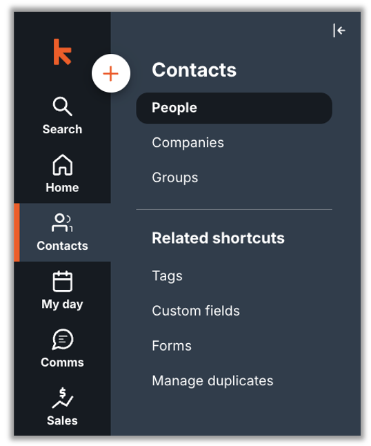 The Keap Contacts section showing the People tab selected in the left navigation with the contact list displayed and filter options available.